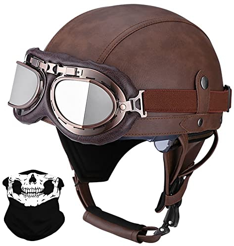 Leather Half Helmet German Style Retro Motorcycle Helmet ECE Approved Men Women Vintage Open Face Helmet with Goggles Half Shell Cap Moped Helmet for Chopper Cruiser Scooter Bike