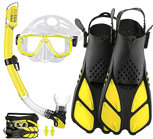 HH HHAO SPORT Schnorchelset Erwachsene mit Flossen,Schnorchelausrüstung in Reisegröße mit Kurzen Verstellbaren Schwimmflossen, Hochwertige Tauchermaske und Dry Top Schnorchel, mit Tragetasche