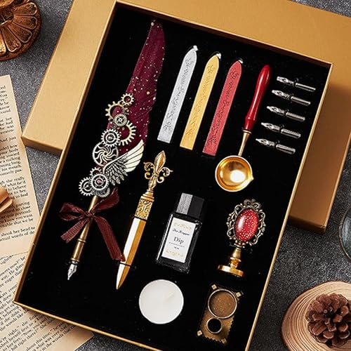 XUBX Set per Scrittura Calligrafica con Penna d'Oca, di Legno, 18 Pennini di Ricambio, Inchiostro, Calamaio e Base