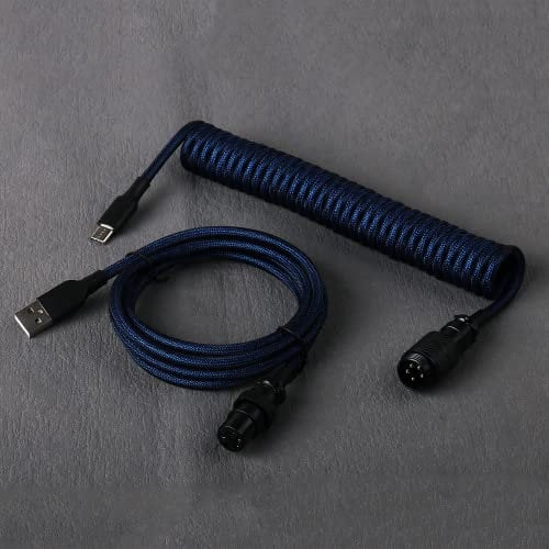 DucKey Double-Sleeved Detachable Aviator Connector USB-C Coiled Cable For Custom Gaming Mechanical Keyboards (Color : Dark Blue black)