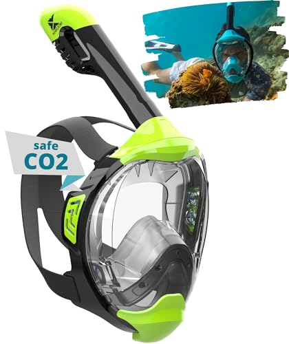 Khroom Full Face Snorkel Mask Adults and Kids 3 + | Certified CO2 Safe | Alternative to Snorkel Set | Snorkelling Equipment - Seaview Y (XS Neon Green)