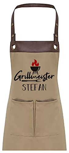 TASSENPALAST Premium Grill-Schürze mit Spruch personalisierbar mit Wunschnamen - Lustiger Spruch/Sprüche Grillschürze Lustig - Unisize (Grillmeister - Khaki)
