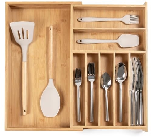 KitchenEdge Organiseur d'argenterie, de couverts et d'ustensiles de qualité supérieure pour tiroirs de cuisine étroits, extensible de 27 à 48 cm, 9 compartiments de rangement, pieds antidérapants