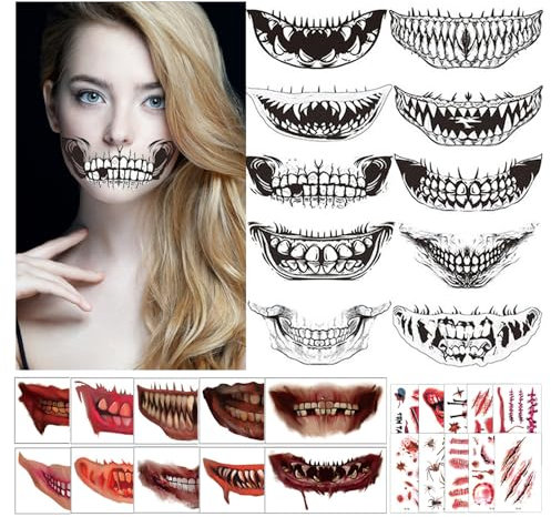 Byhsoep 30St Halloween Gesichtstattoo, Temporäre Halloween Narben Tattoos und Mund Aufklebe, Halloween Tattoo Gesicht für Kinder und Erwachsene Makeup Cosplay Vampir Zombie