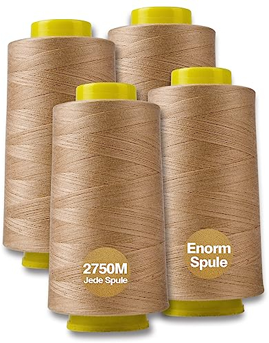 NäHgarn Overlockgarn 100% Polyester Dunkle Creme NäHgarn Set FüR NäHgarn Faden Garn NäHmaschine 4 NäHgarn Zwirn ReißFest NäHmaschinengarn Thread NäHfaden Overlock Garn 40/2 Je 2745 M, Insgesamt 11000m