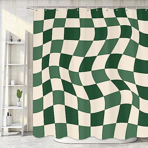Ästhetischer 70er Jahre Salbeigrün Schachbrett-Duschvorhang, niedlicher salbeigrüner Badevorhang, Retro-Boho-Stil, minimalistisch, abstrakt, gewellt, Wirbel-Badezimmerzubehör, groovige