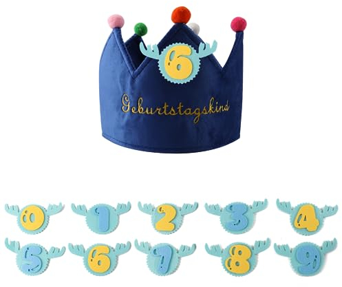 MsTeco Geburtstagskrone, Geburtstagskrone Filz mit Austauschbaren Zahlen von 0-9, Geburtstagskrone Kinder,mit Verstellbarem Klettverschluss, Unisex Krone für Kinder Geburtstag Party Supplies(Blau)
