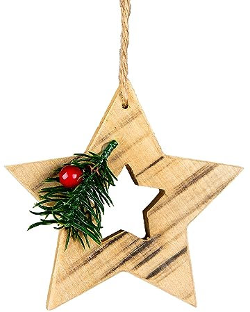 SHATCHI Rustic Star, Reindeer, Heart Tree Decorations-Christmas Wooden Festive Ornaments Hanging Xmas Pendants DIY Crafts Gifts, Wood