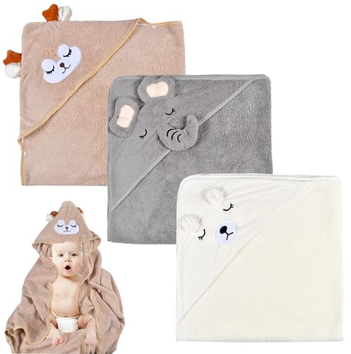 Forhome Toalla Bebé con Capucha,3 piezas Toallas de Baño para Bebé, Toalla de Bebé de Bambú, Superabsorbente, Toalla Bebe Capucha Pequeños con Estampados Como Regalo para Bebé