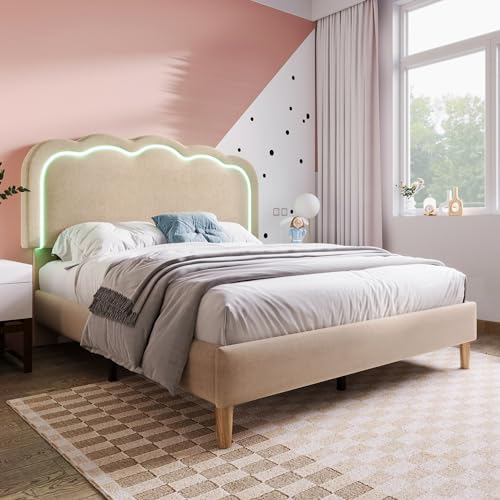 Merax Kinderbett Polsterbett 140x200cm, Doppelbett Bettgestell mit Lattenrost & Verstellbares Kopfteil, süßes Jugendbett mit LED-Kopfteil in Puff-Form, Bettrahmen, Leinenmaterial, ohne Matratze, Beige