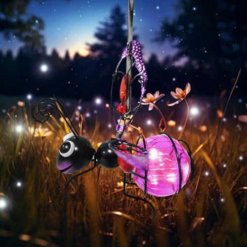 Biene Garten Deko mit Solar Laterne für Außen Gartendeko mit Wetterfest LED Solarlampe, Metall Dekoration Gartenfigur für Innen Draußen Hof und Balkon Garten (Libelle)