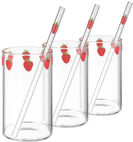 Kichvoe 3sets Bicchieri Fragola Cannuccia Tazze Per Latte e Succo Di Frutta Design Elegante e Pratico Facili Da Pulire e Riutilizzabili Perfetti Per Feste e Regali