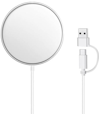15W Fast Magnetic Wireless Charger, Magnetic Fast Charging Cable (1m), Portable Magnet Charging Pad with Dual Charging Ports (USB-C & USB-A) for iPhone 15/14/13/12/Pro/Pro Max/Plus/mini, Silvery White