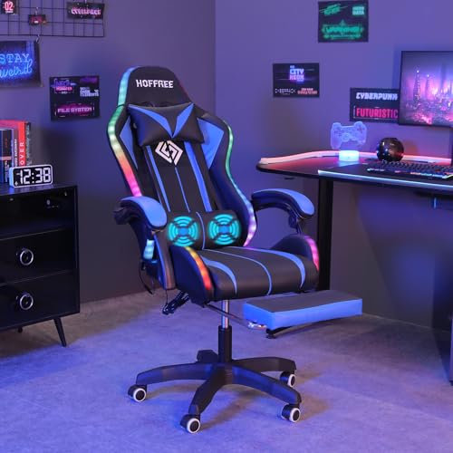 HOFFREE Gaming Chair with LED RGB Lights with Massage and Footrest Ergonomic Computer Chair High Back Video Game Chair with Adjustable Lumbar Support Linkage Armrest Blue and Black