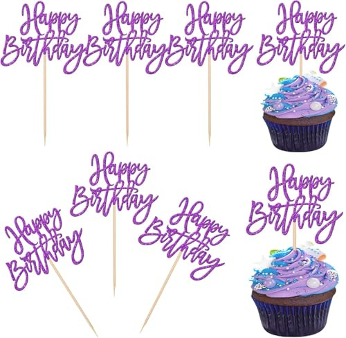 24 Stück Happy Birthday Cupcake Toppers Glitzer Geburtstag Tortendeko Gute zum Geburtstag Kuchen Deko für Geburtstag Jahrestag Thema Party Kuchen Dekorationen Lila