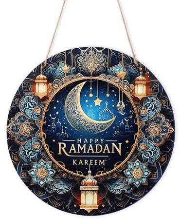 Ramadan Türschild, 20cm Holz Ramadan Türschild zum Aufhängen Eid Mubarak Schild Ramadan Kareem Kranz Ramadan Dekoration für Veranda Bauernhaus Haustür Wand