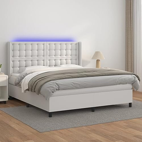 Iiaky Boxspringbett mit Matratze & LED Weiß 180x200 cm Bett Mit Matratze Boxspringbett Matratze Betten Boxspringbett Kunstlederer // 3139398