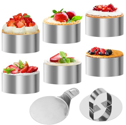 6 Stück Ø 8 cm Dessertringe, Edelstahl Tortenring, 8×4 cm Kuchenring, Servierringe mit Deckel und Grundplatte, Backring für Dessert Torten Kuchen DIY