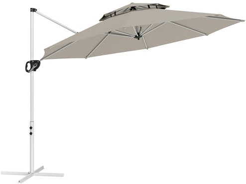 Outsunny Sombrilla de Jardín Ø292 cm Parasol Excéntrico con Manivela Giratorio 360° Inclinación Ajustable Doble Techo y Base Cruzada Sombrilla para Terraza Exterior Patio Gris Claro