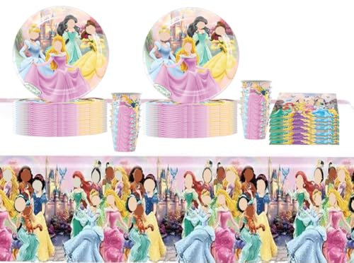 61PCS Princesse Thème Couverts De Fête, Party Décorations Enfant Pour Anniversaire,Set de Vaisselle de Fête pour Fille,Anniversaires Fournitures De Décoration Assiettes, Gobelets, Serviettes, Nappes