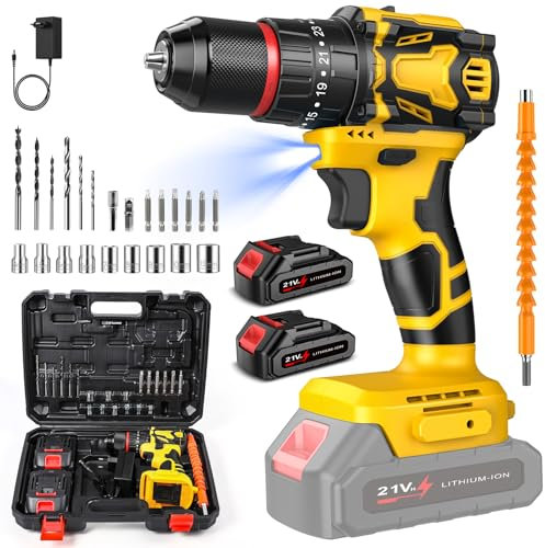 Perceuse Visseuse Sans Fil, 70 Nm Visseuse Devisseuse Sans Fil avec 2 x 1.5Ah Batteries, 25+3 Réglages de Couple, 2 Vitesses, LED Light, 29 Accessoires et Valise, pour la Bricolage (Jaune)