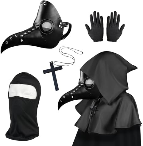 Pest Doktor Maske, Halloween Kostüm für Männer, Steampunk Vogel Maske, Schwarz Pest Arzt Kostüm für Erwachsene, Halloween Gesichtsmaske mit Handschuhen & Kapuzenumhang für Allerheiligen Dekor
