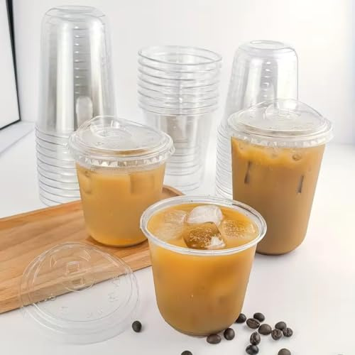 Bubble Crush Plastic Plastic Cups with Lids, 17oz Set of 50, Strong Takeaway Cups with Strawless Sip Lids for Iced Coffee Milkshakes, Smoothies, Slusly and Bubble Tea