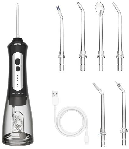 BarberBoss Cordless Water Flosser for Teeth & Gums, Rechargeable Oral Irrigator, 5 Cleaning Modes, 6 Nozzles & LED Display, IPX7 Waterproof Teeth Flossing Kit (Black)