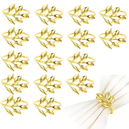 Uqingo 16PCS Gold Napkin Rings Metal Leaf Napkin Holder, Serviette Ring Holder Buckles Set for Table Decor, Wedding, Party Dinner Banquet, Valentine Day Thanksgiving Christmas Anniversary (One Size)