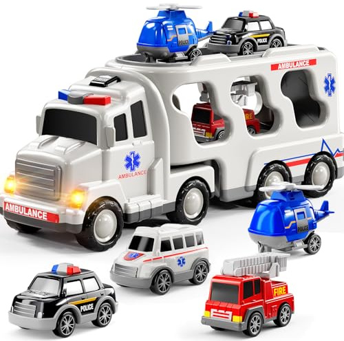 BLmukce Ambulance Truck Boys Toys for 3 4 5 Year Old Toddlers, Transport Vehicle Carrier, Toy Sets Kids 3-6, Gift for Boys & Girls Ages 4-6 5-7 (Ambulance 5 in 1)