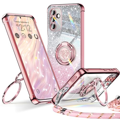 XYZ für Samsung Galaxy A17 5G Hülle mit Band, Herzen Doppelring Ständer | Luxus Glitzer HandyHülle Kameraschutz, Frauen Stoßfest Elektroplattiert Case Soft TPU SchutzHülle Clear, Roségold