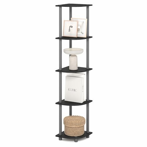 Furinno TURN-N-TUBE Corner Shelf, 5-Tier Corner Bookshelf, Open Storage Shelves, for Organization and Storage, Living Room, Home Office, Garage, Bedroom, Plain Black
