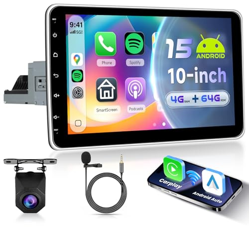VECHTEL 4G+64G Android 15 Radio Coche Bluetooth con Carplay Android Auto Inalámbrico, Autoradio 1 DIN con Pantalla Táctil Giratoria de 10'' HD con Bluetooth FM RDS GPS Wi-Fi Enlace Espejo USB Cámara