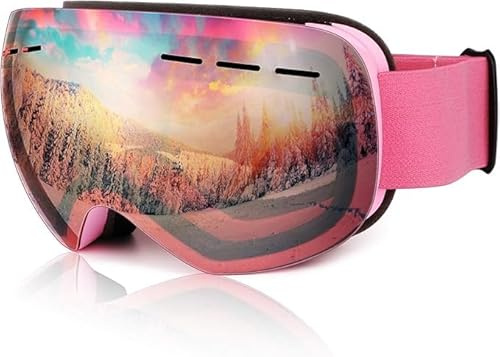 NewBEP Lunettes de ski et de planche à neige – Protection UV Anti-buée Lunettes de ski d'extérieur – OTG Lunettes de ski pour hommes, femmes et jeunes (monture rose - verres rose clair)