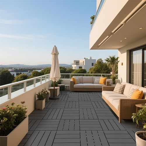 Mixtric klick-Terrassenfliesen Aus Kunststoff, 44er-Pack Balkonfliesen 12x12, Wasserfest, FüR AußEnbereich, Wetterfest Terrassenfliesen FüR Veranda, Poolbereich, Garten, Beton,D
