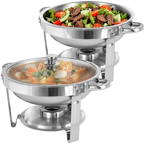 EVGTTI Chafing Dishes for Buffet, 2 Pack 5QT Round Chafing Dish Buffet Set | Silver Stainless Steel Chafing Dishes w Glass Lid, Food Warmers for Parties Buffet, Gatherings, Banquets, Weddings