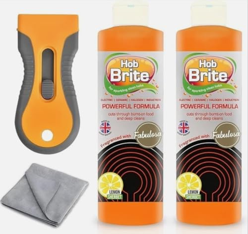 Hob Brite 2 Pack - Hob Cleaner Tool with Microfibre Cloth, Perfect for Induction Hob, Ceramic Hob and Glass Hob, Hob Cream Cleaner, Oven Cleaning Compatible, Lemon Scented, Perfect for Grease Removal