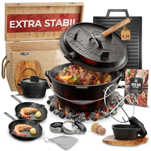 GUSSKÖNIG Dutch Oven Set 9-teilig – bereits eingebranntes Gusseisen Topf Set – Bratpfanne, Grilltopf, Deckelheber, Untersetzer & Echtleder-Griffschutz + Rezeptbuch & Pflegepaste – 30 Jahre Garantie