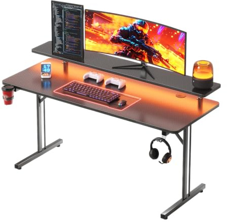 CAIYUN Gaming Desk, 120 x 50 cm Computer Desk with LED Light Strips, Gaming Table with Full Monitor Stand Carbon Fiber Black