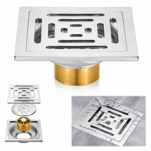 JYYWTSI Rejilla Desague Ducha, Sumidero Terraza Cuadrado 10 x 10 cm, Desagüe Suelo Acero Inoxidable con Núcleo de Latón Extra Grueso, Anti Olores para Baño Cocina Balcón Exterior