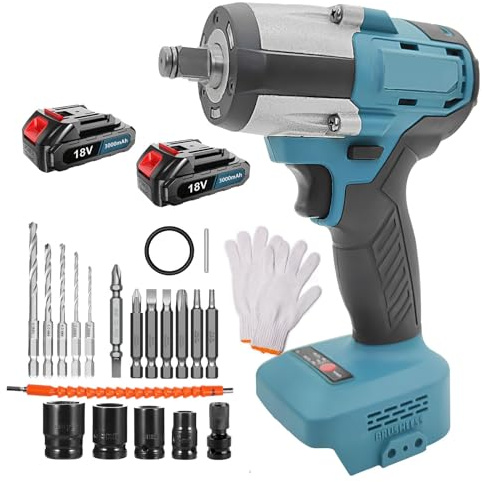 Akkuschrauber & Schlagschrauber Set 18V Bürstenlos, 3000mAh 2x Akku + Schnellladegerät, max. 3200 U/min, 4x Stecknüsse (14/17/19/22mm), Bohrer-Set, Drehmomentstark – Für Reifenwechsel, Industrie
