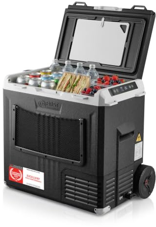 TZS First Austria - Kompressor-Kühlbox 50L - Energieklasse B - Kühlung bis -20°C - App per Bluetooth - 12/24V & 230V - USB-Ausgang - Trolley & Vollzubehör – Schwarz