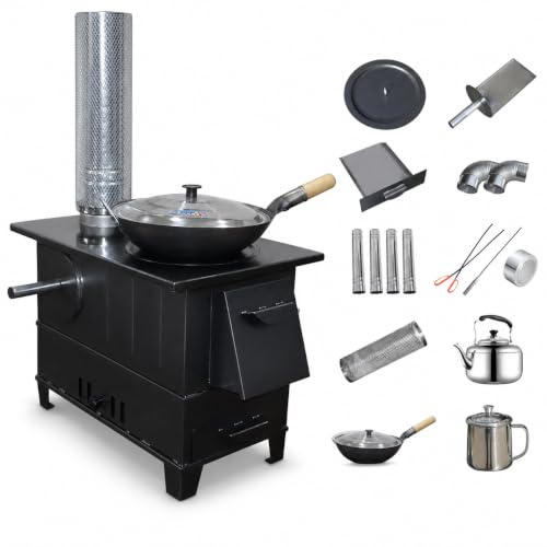 APLVFFZH Wood Mobile Indoor, Stainless Steel Build, Oven, Smokeless, Includes, Indoor Household Use, Seamless, Small size, with 32cm wok, kettle, and 4m chimney pipe accessories