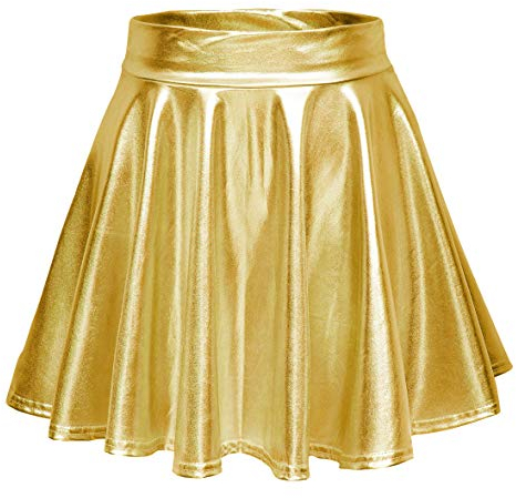 EXCHIC Donna Lucido Metallico Liquido Mini Gonna Moda Festa Cosplay Elastico Svasata Gonna(L, Oro)
