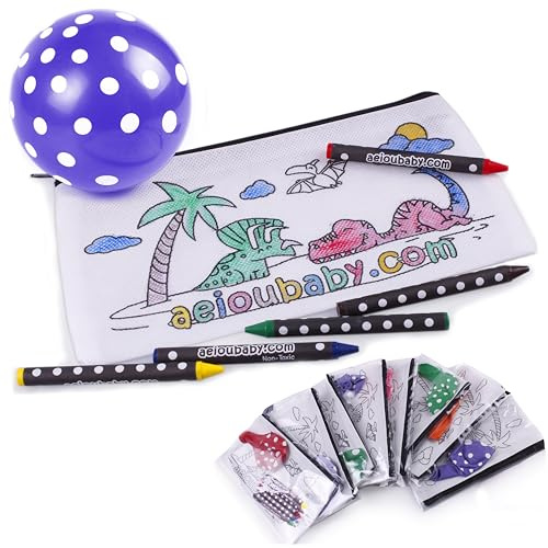 aeioubaby.com 10 Federmäppchen zum Ausmalen | 10 einzelne Taschen mit 5 bunten Wachsmalstiften und Luftballon | Geschenk Kinder auf Festen und Geburtstagen (Dinos)