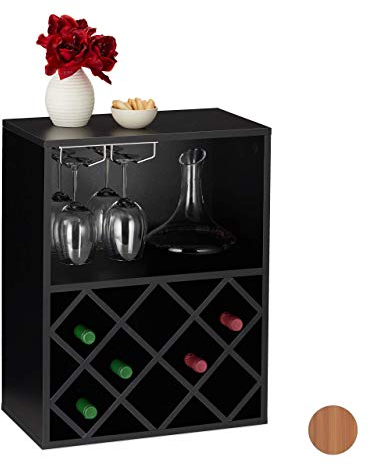 Relaxdays Cantinetta, Scaffale per 8 Bottiglie di Vino e Supporto con Porta Calici, HxLxP: 63 x 50 x 28 cm ca, Nero, Truciolato