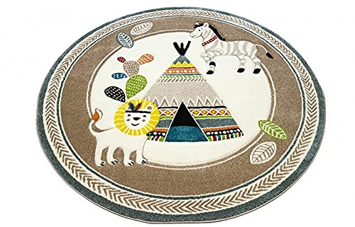 Teppich-Traum Kinderzimmer Teppich Spielteppich Zelt Löwe Zebra Kaktus beige blau Creme braun Größe 120 cm rund