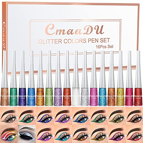 Gireatick 16PCS Liquid Glitter Eyeliner Set, 16 Farben Hochpigmentiertes Aufhellungs-Eyeliner-Kit, Langlebiger Wasserdichter Metallic-Schimmer-Lidschatten