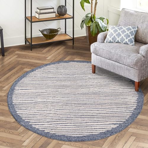 carpet city Teppich Wohnzimmer Blau - 120x120 cm Rund - Scandi-Stil Gestreift Meliert - Kurzflor Teppiche Modern - Tricolor Soft&Weich - Flachflor Schlafzimmer