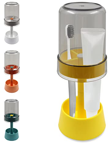 Toothbrush Holder Stand with Tooth Brush Cups/Cover, Toothpaste Holder Stand with 3Slots，Dental Storage Organizer Holder Stand, for Toothpaste (Yellow)